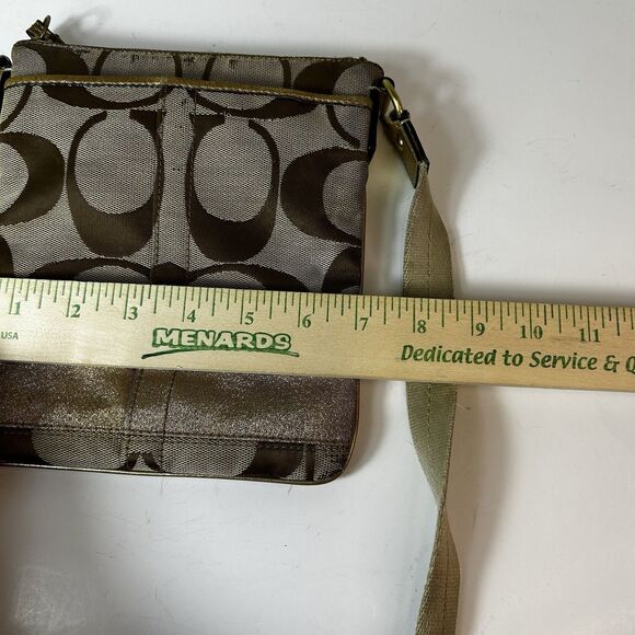 Coach Tan Brown Signature Canvas Champagne Gold Stripe Small Crossbody Bag - Picture 11 of 13